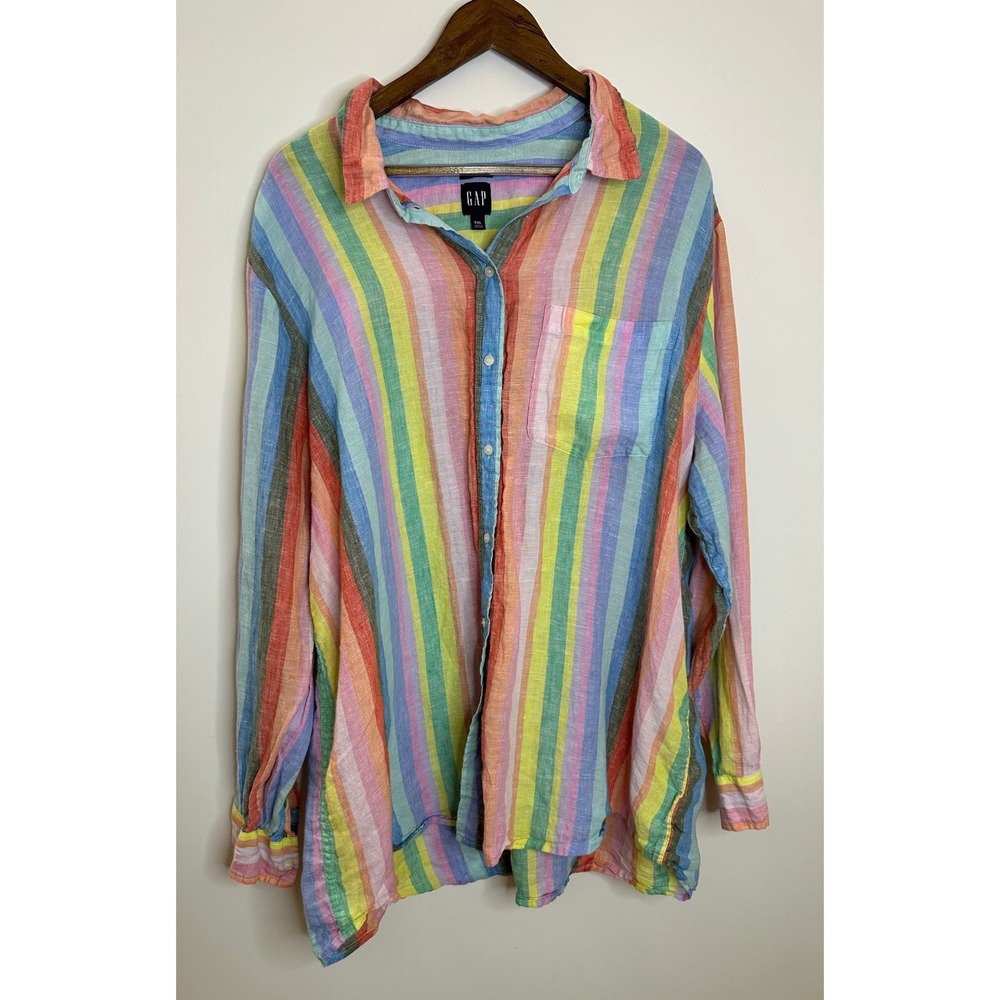 GAP 100% Linen Boyfriend Shirt Striped Button Down Women's Size XXL Coastal Vaca - Picture 14 of 14